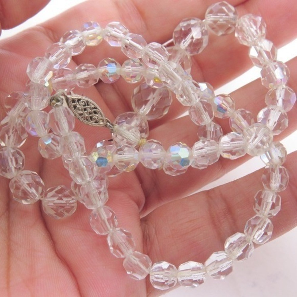Vintage Aurora Borealis‎ Clear Faceted Graduated Crystal Bead Necklace 16 Inch